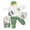 Set de ropa de bebé "Little Love" de 5 piezas con estampado de margaritas y arcoíris en color verde y blanco.