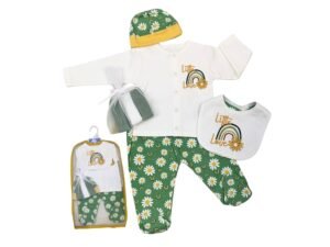 Set de ropa de bebé "Little Love" de 5 piezas con estampado de margaritas y arcoíris en color verde y blanco.