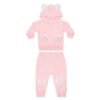 Conjunto de osito rosado con capucha y orejitas, incluye pantalón con huellitas bordadas para bebé niña.