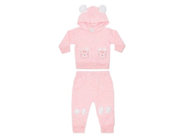 Conjunto de osito rosado con capucha y orejitas, incluye pantalón con huellitas bordadas para bebé niña.