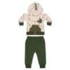 Conjunto de bebé niño con temática de dinosaurios, incluye capucha con crestas, chaqueta beige estampada y pantalón verde.