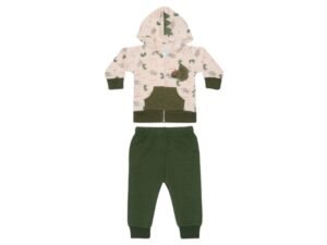 Conjunto de bebé niño con temática de dinosaurios, incluye capucha con crestas, chaqueta beige estampada y pantalón verde.