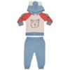 Conjunto para bebé niño en azul con chaqueta de osito y capucha con orejitas, acompañado de pantalón a juego.