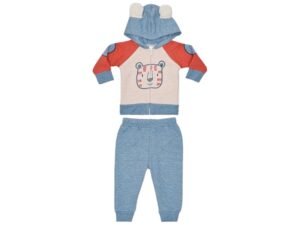 Conjunto para bebé niño en azul con chaqueta de osito y capucha con orejitas, acompañado de pantalón a juego.