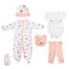 Ajuar de 6 piezas para bebé niña con diseño floral en tonos rosados y blancos, ideal para recién nacidas.