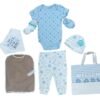 Ajuar azul de 7 piezas para bebé niño, incluye body, pantalón, babero, gorro, bolsa de regalo