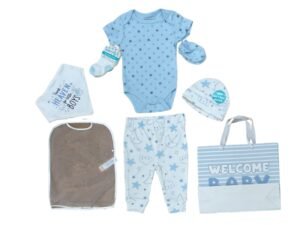 Ajuar azul de 7 piezas para bebé niño, incluye body, pantalón, babero, gorro, bolsa de regalo