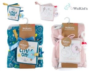 Cobija con libro de tela WaKid’s en presentación celeste y rosada para bebé