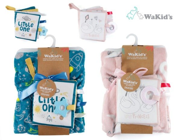 Cobija con libro de tela WaKid’s en presentación celeste y rosada para bebé