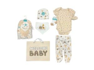 Ajuar de 8 piezas para bebé recién nacido con estampados de jirafas y elefantes en tonos beige