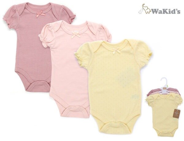 Set de 3 bodys para bebé con mangas fruncidas en colores pastel, ideal para vestir con comodidad y estilo.