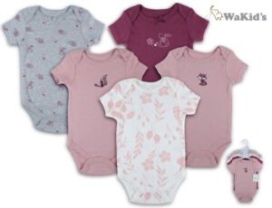 Set de 5 bodys rosados y estampados para bebé, con diseños florales, bordados y lisos
