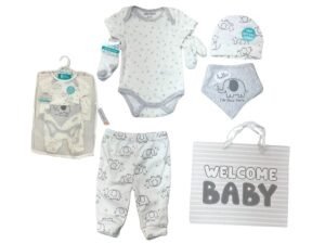 Ajuar de 8 piezas para bebé recién nacido con diseños de elefantes en blanco y gris