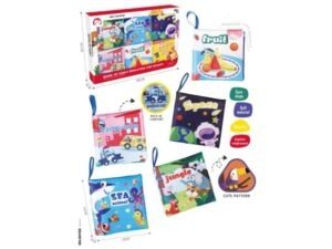 Set de libros de tela educativos para bebés con temáticas de frutas, animales, espacio, jungla y transporte.