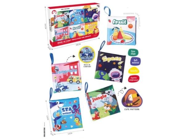 Set de libros de tela educativos para bebés con temáticas de frutas, animales, espacio, jungla y transporte.