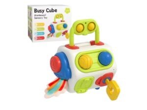 Cubo Aventuras Montessori con botones, llaves y texturas para estimular los sentidos y la motricidad del bebé.