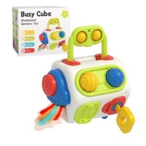 Cubo Aventuras Montessori con botones, llaves y texturas para estimular los sentidos y la motricidad del bebé.