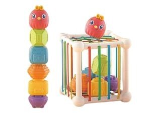 Torre Encajable Multicolor para bebés con piezas de encaje y cubo educativo.